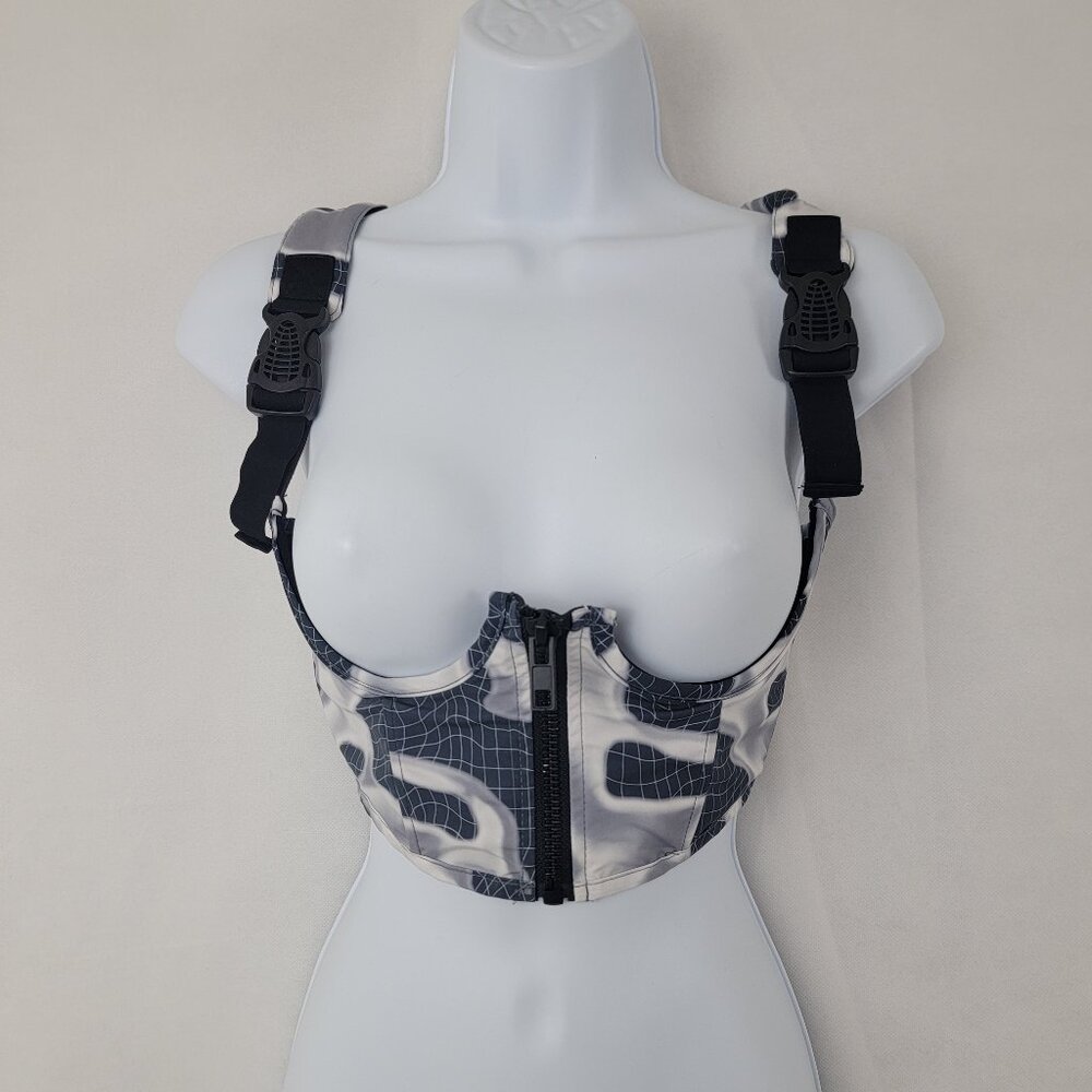 POSTER GIRL Womens XS Bustier Top Open Cup Zip Rave Goth Emo Cyber Grid Buckle